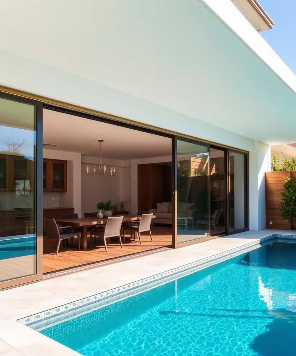 Sistema Roll Door integrando varanda gourmet e área de piscina em projeto de alto padrão