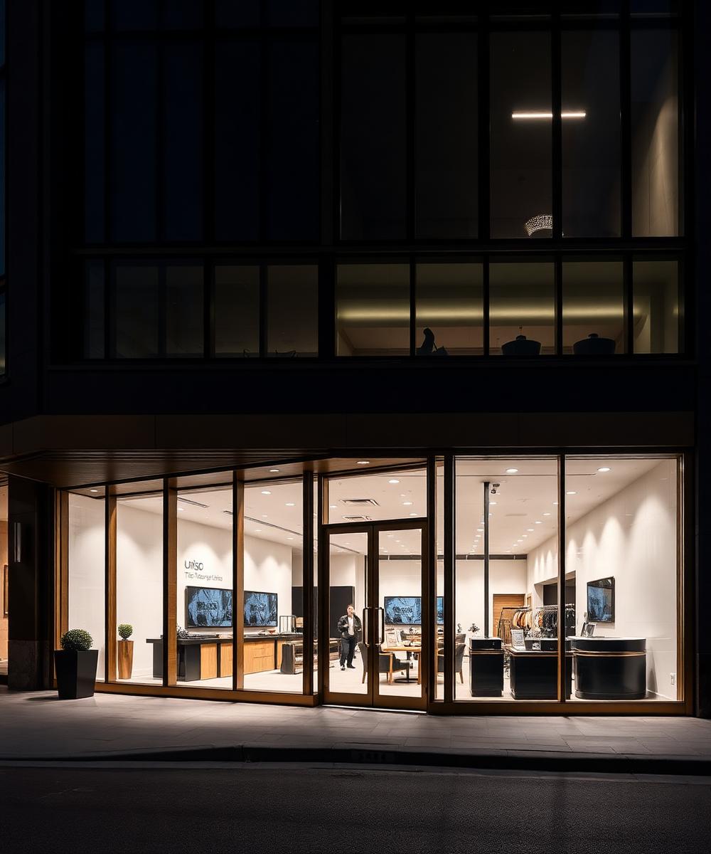 Fachada comercial de luxo com esquadrias em alumínio bronze instaladas pelo Tonello Hub